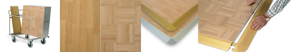 Tillbehör till monterbara dangsolv, vagn, dansgolv i parkett och laminat, kantlister i aluminium eller guldfärgade.