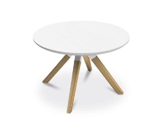 Loungebord A-cross med bordshöjd 40 cm.
Rund bordsskiva i vitt laminat med snygga bordsben i trä.