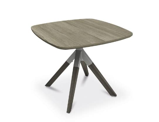 Loungebord A-cross med bordshöjd 50 cm.
Rund bordsskiva i björklaminat med matchande bordsben i trä.