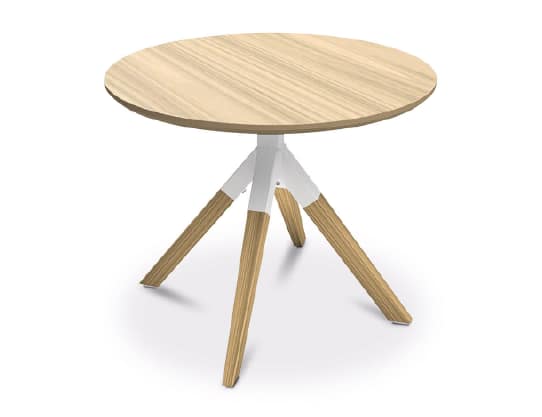 Loungebord A-cross med bordshöjd 50 cm.
Rund bordsskiva i björklaminat med matchande bordsben i trä.